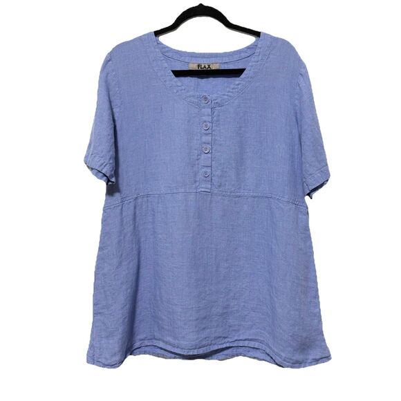 Flax Tops - Women’s Flax 100% Linen Short Sleeve Tunic Top Blue Size M